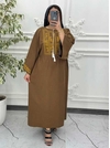 پیراهن لینن گلدوزی آستین کیمونو قهوه ای 6027
