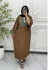 پیراهن لینن گلدوزی آستین کیمونو قهوه ای 6027