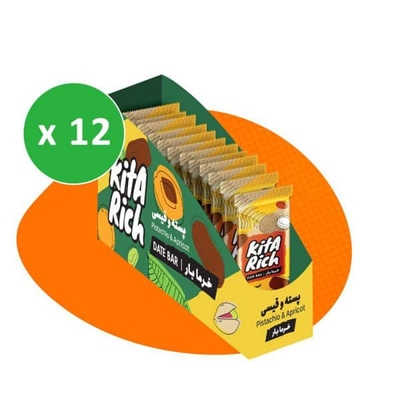 پکیج خرما بار پسته و قیسی کیتاریچ ۲۵ گرمی بسته ۱۲ عددی