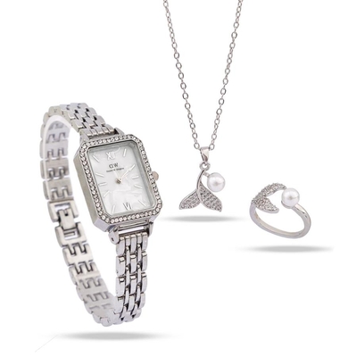 ست دخترانه ساعت و گردنبند و انگشتر Pearl_Silver مدل 3687