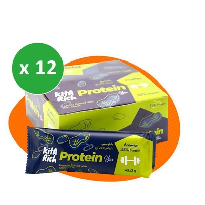 پکیج شکلات پروتئین بار کیتاریچ بادام زمینی با روکش کاکائو تلخ ۴۵ گرمی بسته ۱۲ عددی
