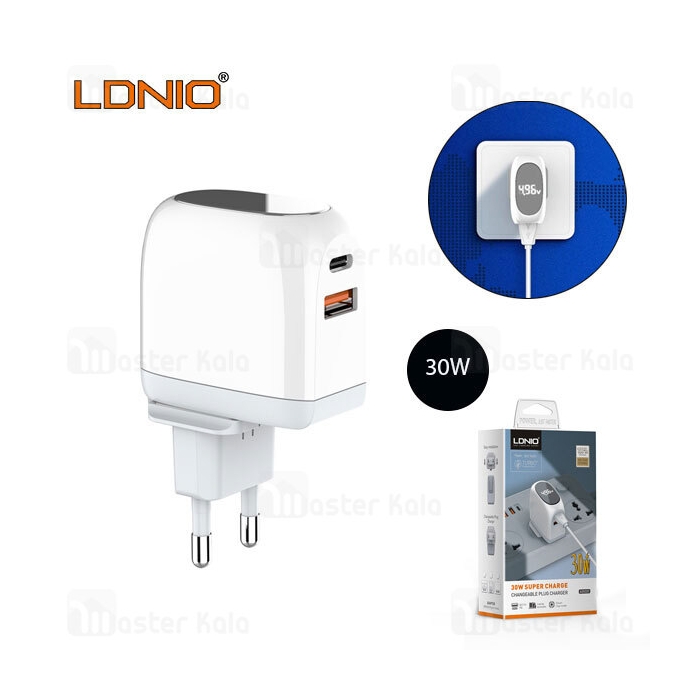 شارژ دیواری فست شارژ الدینو LDNIO A2522C Fast Wall Charger 30W PD QC3 LED توان 30 وات همراه کابل