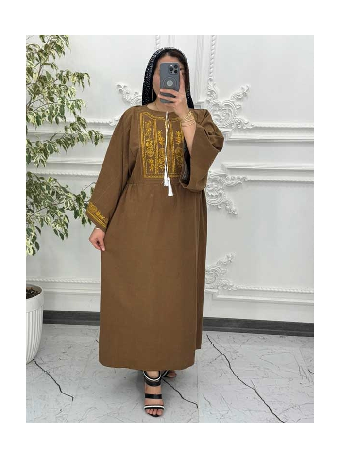 پیراهن لینن گلدوزی آستین کیمونو قهوه ای 6027