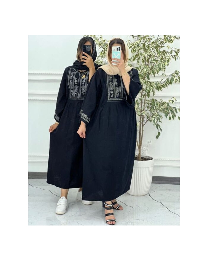 پیراهن لینن گلدوزی آستین کیمونو مشکی 6023