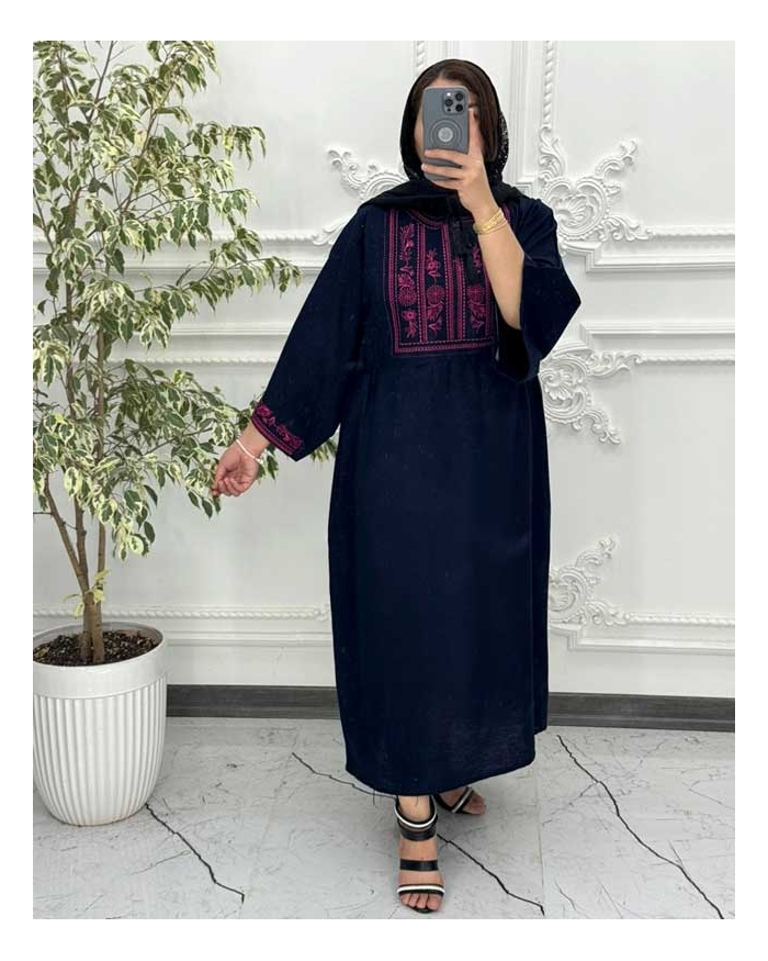 پیراهن لینن گلدوزی آستین کیمونو سرمه ای 6024