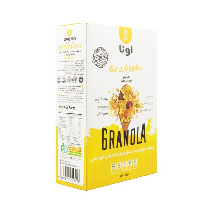 گرانولا اونا طعم بادام و کرن بری سری K بدون گلوتن ۲۵۰ گرمی