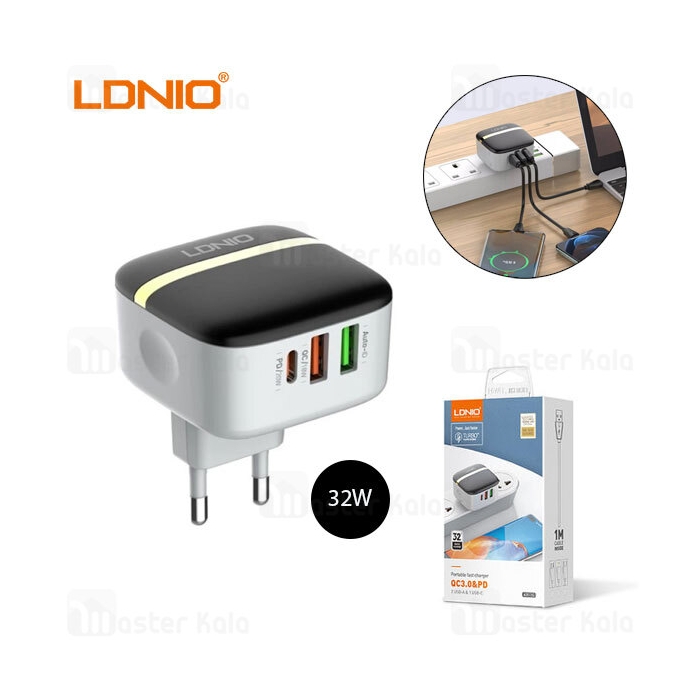 شارژ دیواری فست شارژ الدینو LDNIO A3513Q Fast Wall Charger 32W PD QC3 AutoID توان 32 وات همراه کابل