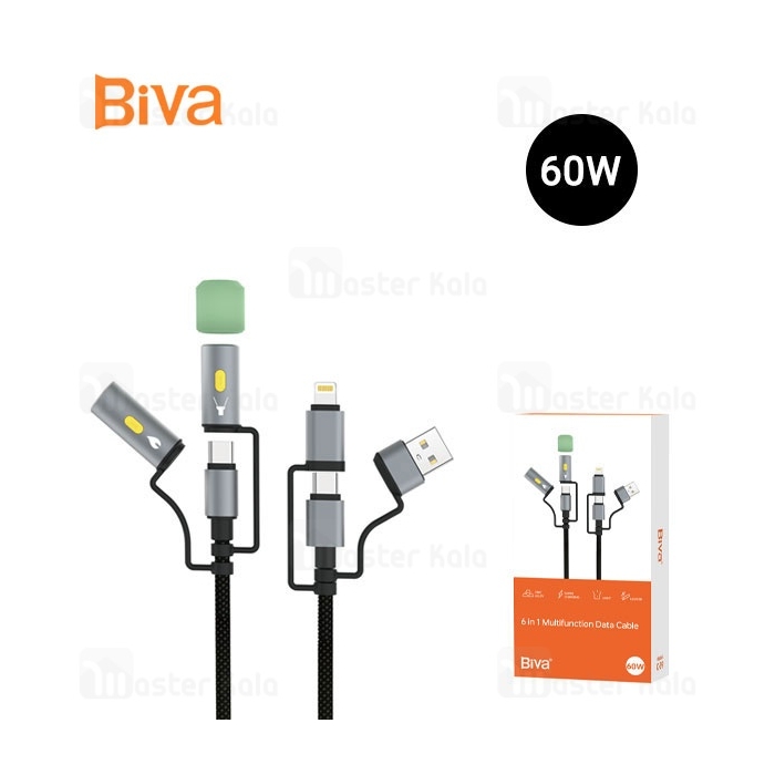 کابل چندکاره بیوا Biva C-39 6 in 1 Multifunction Data Cable طول 1.2 متر توان 60 وات
