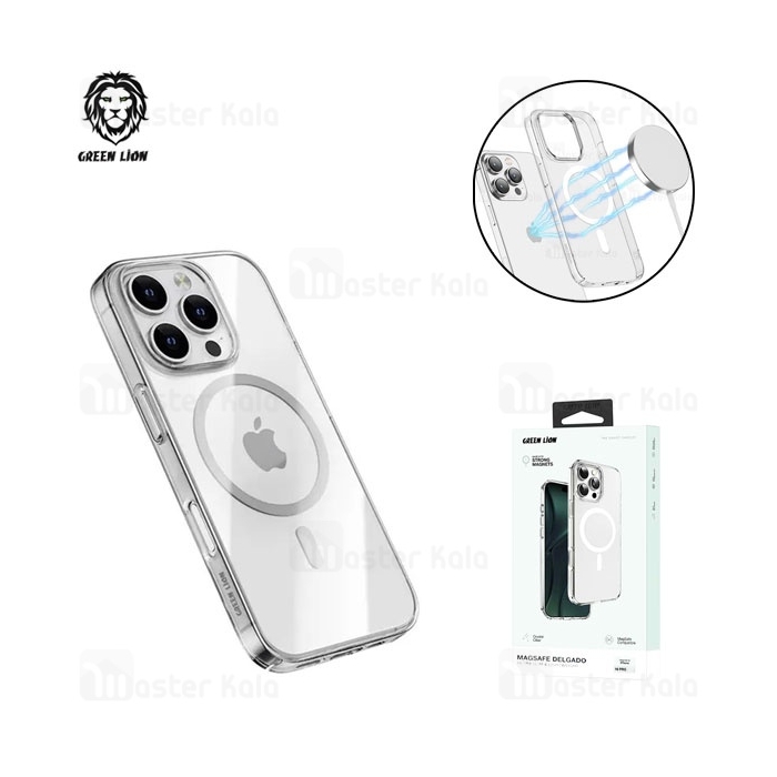 قاب محافظ مگ سیف گرین لاین آیفون Apple iPhone 16 Pro Green Lion Magsafe Delgado Clear Case