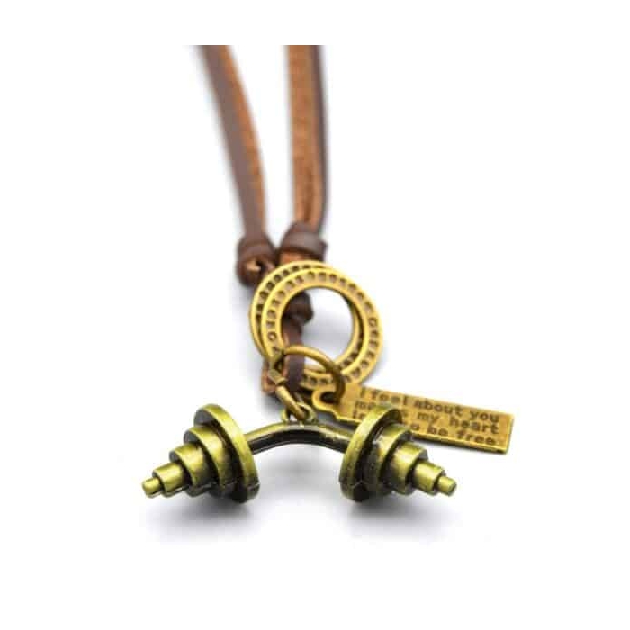 گردنبند برنجی طرح دمبل خم  بند چرم مدل ۲۲۶۱۰