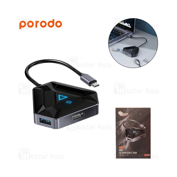 هاب گیمینگ 6 پورت پرودو Porodo PDX529 6in1 4K HDMI USB-C Hub توان 100 وات