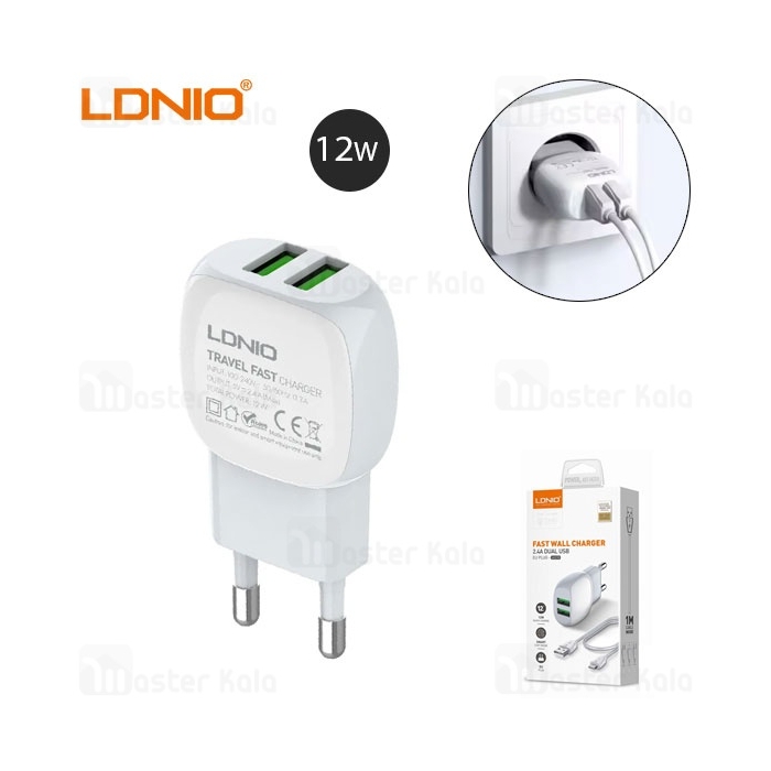 شارژر دیواری الدینیو Ldnio A2218 توان 12 وات همراه با کابل