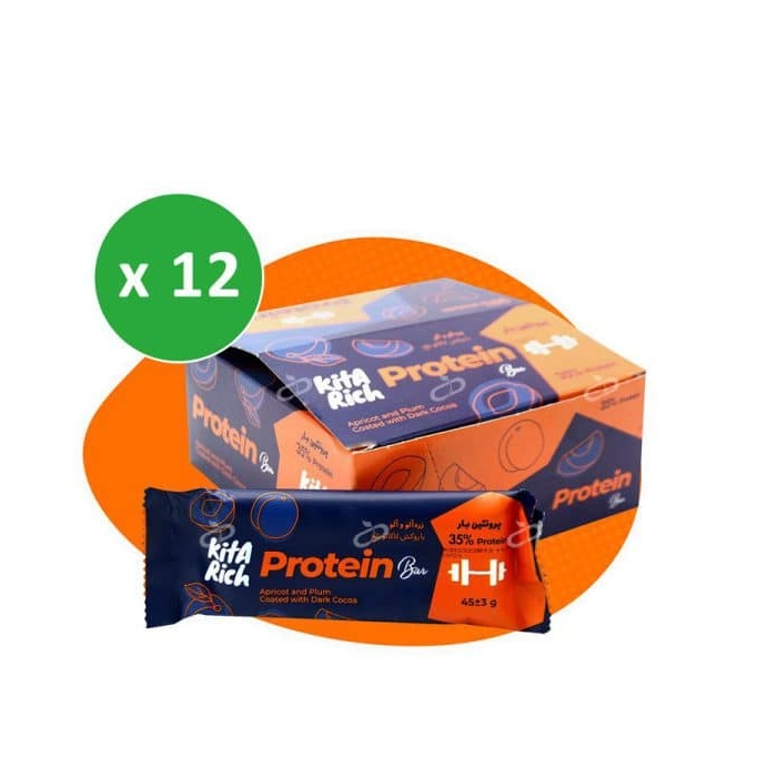 پکیچ شکلات پروتئین بار کیتاریچ زردآلو و آلو با روکش کاکائو تلخ ۴۵ گرمی بسته ۱۲ عددی