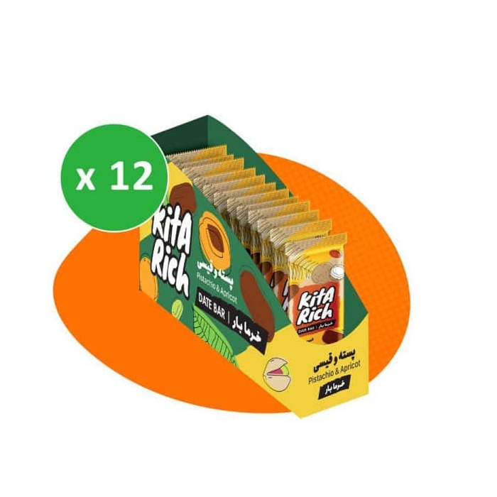 پکیج خرما بار پسته و قیسی کیتاریچ ۲۵ گرمی بسته ۱۲ عددی