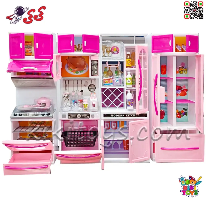 آشپزخانه اسباببازی کودک ۴ تکه صورتی – شامل یخچال، اجاق، سینک و لوازم آشپزی Modern Kitchen
