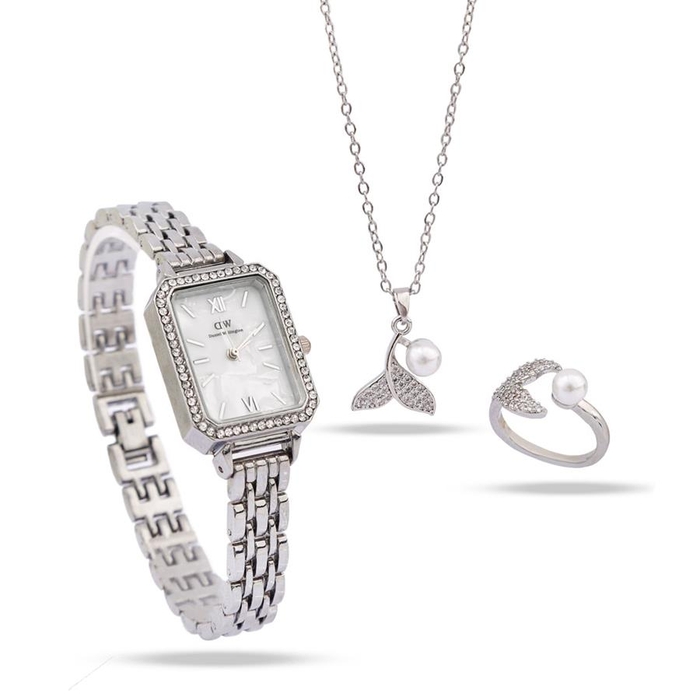 ست دخترانه ساعت و گردنبند و انگشتر Pearl_Silver مدل 3687