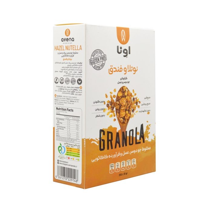 گرانولا اونا طعم نوتلا و فندوق سری K بدون گلوتن ۲۵۰ گرمی