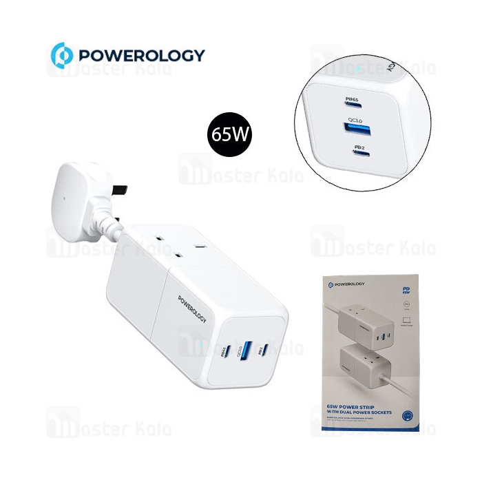 چند راهی برق و شارژر پاورولوژی Powerology 65W Power Strip PWPS65W دارای 3 پورت