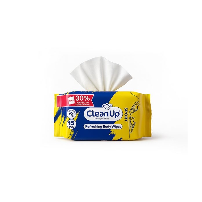 دستمال مرطوب اسپرت پاک کننده بدن کلین آپ مدل ۴۰۴B0211 بسته ۱۵ عددی