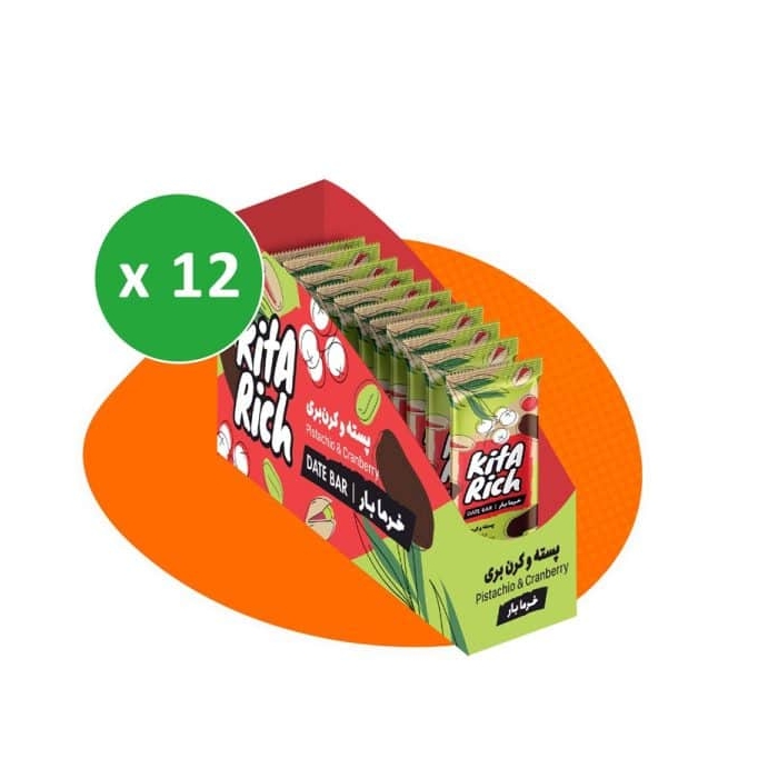 پکیج خرما بار پسته و کرن بری کیتاریچ ۲۵ گرمی بسته ۱۲ عددی