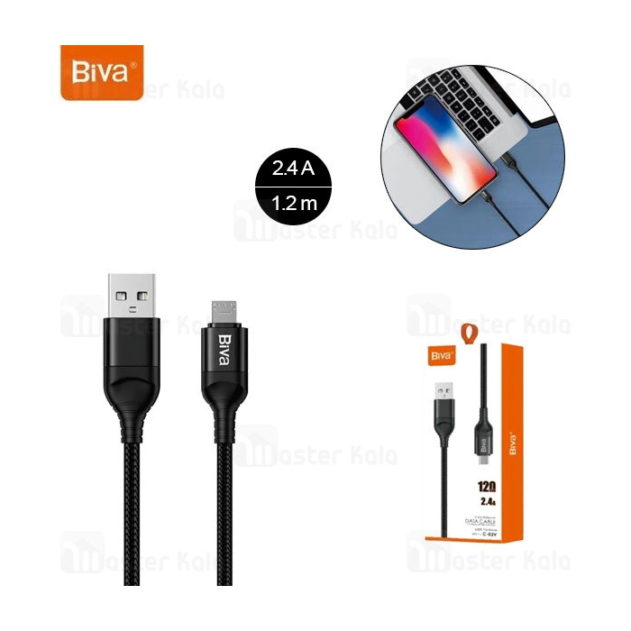 کابل میکرو یو اس بی بیوا Biva C-03V طول 1.2 متر شدت جریان 2.4 آمپر
