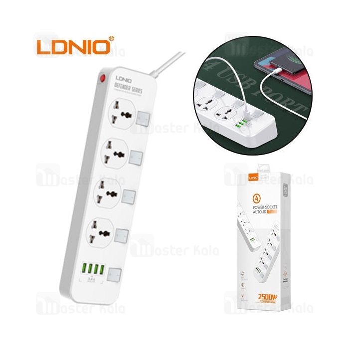 چند راهی برق و شارژر الدینیو LDNIO SC4408 Defender Series Power Strip EU دارای 4 پورت USB