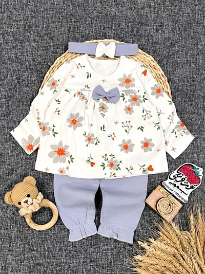 سه تیکه بلوز شلوار هدبند گل کد ۱۰۶۱