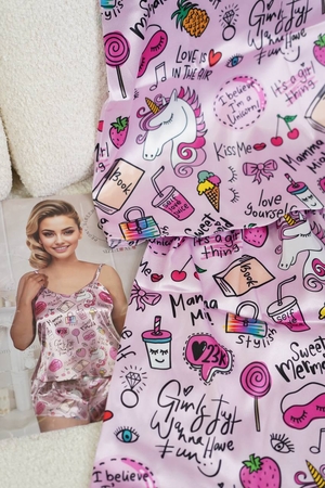 ست تاپ شورتک ساتن طرح یونی کورن کد1041