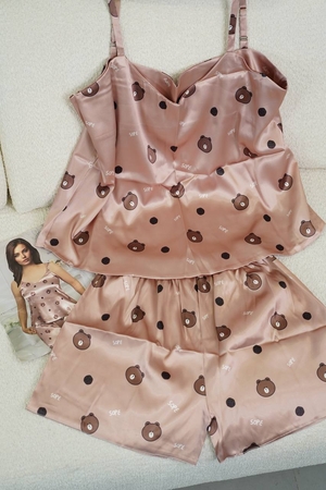 ست تاپ شورتک ساتن طرح خرسی کد1030