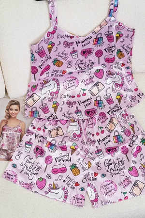 ست تاپ شورتک ساتن طرح یونی کورن کد1041