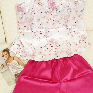 ست تاپ شورتک ساتن طرح فلامینگو کد1034