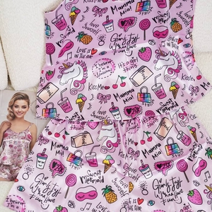 ست تاپ شورتک ساتن طرح یونی کورن کد1041