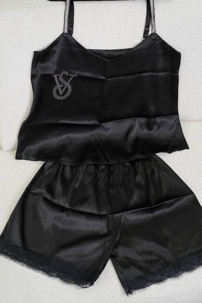 ست تاپ شورتک ساتن نگینی مشکی کد1039