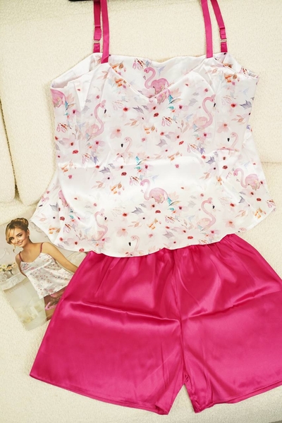 ست تاپ شورتک ساتن طرح فلامینگو کد1034