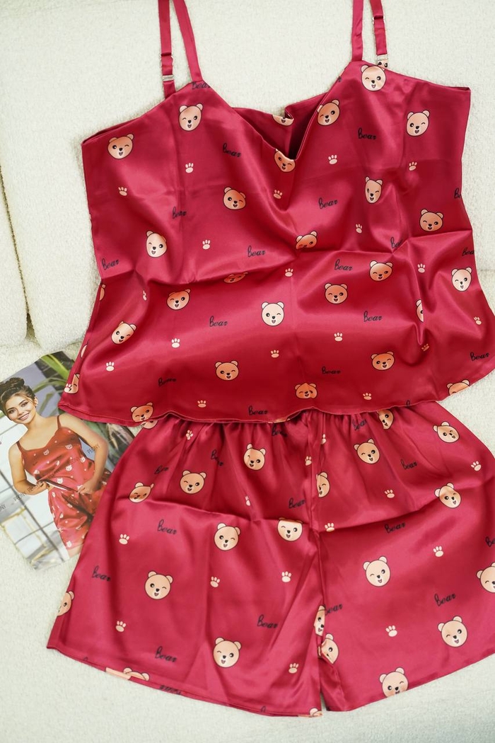 ست تاپ شورتک ساتن طرح خرس کد1033