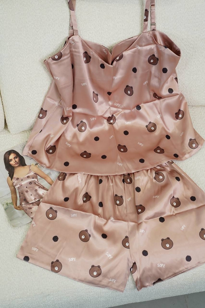 ست تاپ شورتک ساتن طرح خرسی کد1030